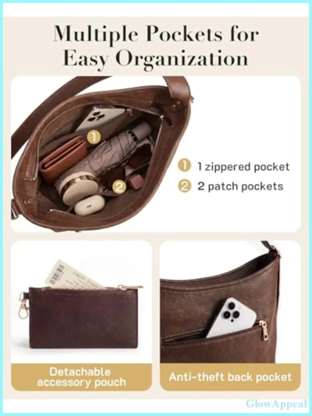 Hobo Bag for Women PU Leather Crossbody Tote Multi-Pocket Zipper with